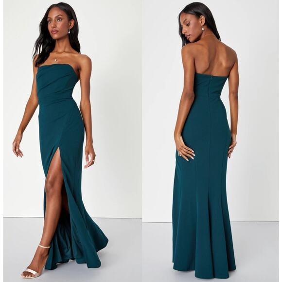 NWOT Lulus Marvelous Entrance Emerald Green Pleated Strapless Maxi Dress Size M - Picture 1 of 6